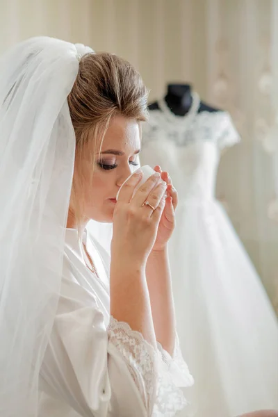 A noiva encantadora com damas de honra fica perto do vestido de noiva. Preparação da manhã do casamento nupcial — Fotografia de Stock