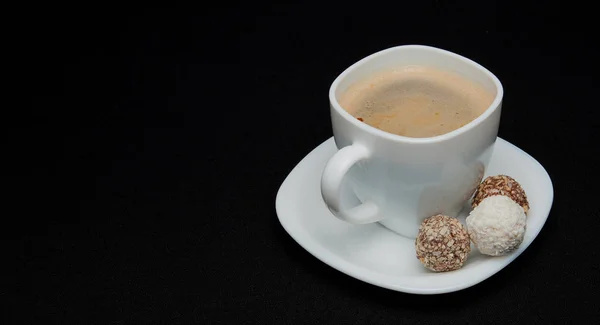 Coffee Cup Beans Chocolate Macaroons Old Kitchen Table Top View — Stock Photo, Image