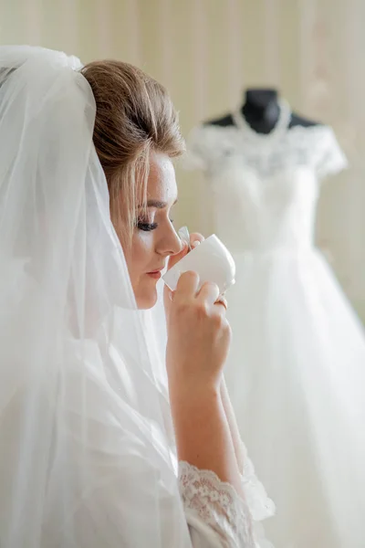 Noiva Encantadora Com Damas Honra Fica Perto Vestido Noiva Preparação — Fotografia de Stock