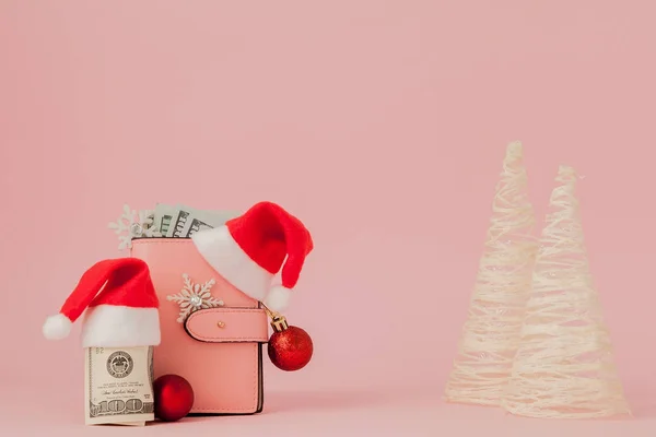 Christmas Expenses Pink Leather Purse Santa Claus Cap Gift Fir — Stock Photo, Image