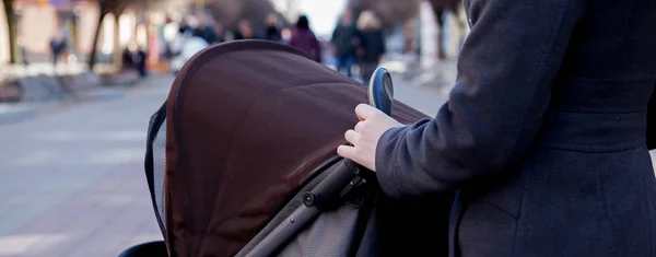 Overhead schot van jonge moeder slenteren een rijtuig. Handen met kinderwagen handvat — Stockfoto