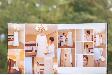 Düğün photobook veya yeşil zemin üzerine düğün albüm sayfaları.