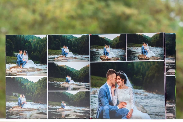 Stránky o svatební fotokniha nebo svatební album na zeleném pozadí — Stock fotografie