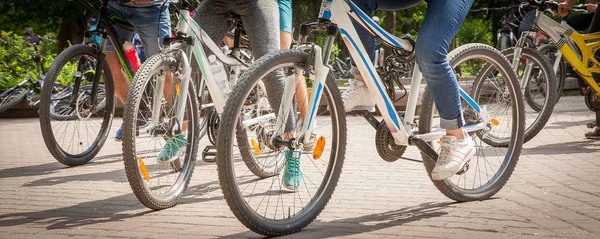 Fechar Ciclista Homem Pernas Andar Bicicleta Trilha Livre Natureza — Fotografia de Stock