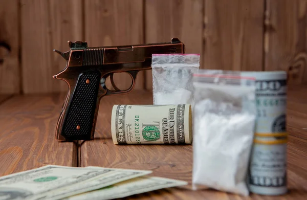 Stack Money Drugsand Gun Wooden Table Concept Danger Threat Drug — Stock Photo, Image