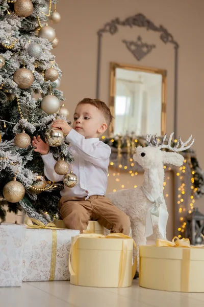 Menino Decora Uma Árvore Natal Para Natal — Fotografia de Stock