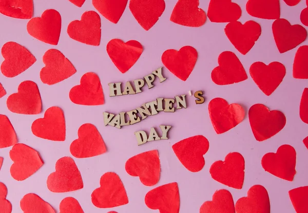 Багато Серця Послугами Напис Щасливий День Всіх Закоханих Рожевий Фон — стокове фото