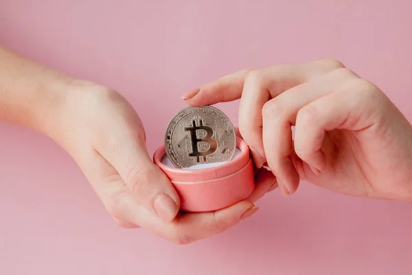 Woman Hands Holding Bitcoin Pink Gift Box Pink Background Symbol — Stock Photo, Image