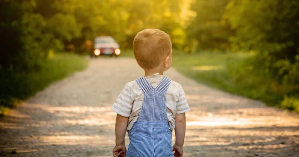 森林内の道路上の小さな男の子 道路上に危険です 子供は 道路上の危険 — ストック写真