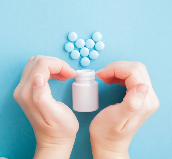 Woman Hands Created Heart Shape White Pills Mock Special Offers — Stock Photo, Image