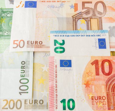 Euro para. Euro nakit arka plan. Euro para banknot. Arka plandan farklı euro banknot yakın çekim.