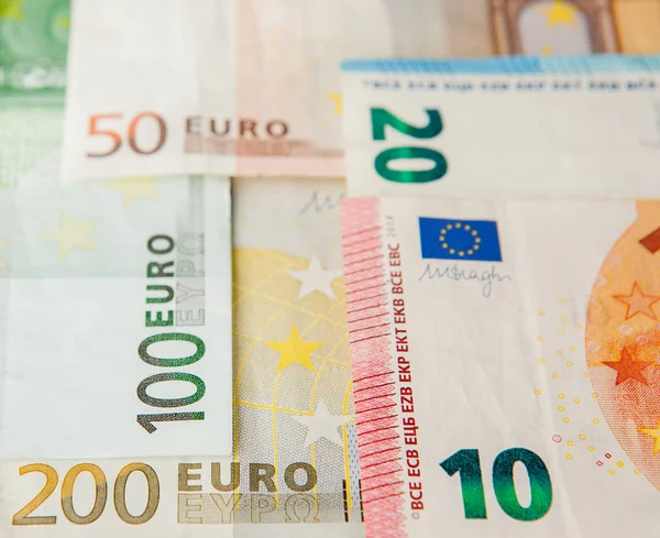 Евро Евро Наличными Фоне Банкноты Евро Предпосылки Различных Банкнот Евро — стоковое фото