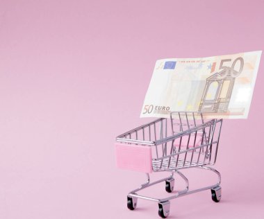 Süpermarket arabası tam Euro banknot kopya alanı ile pembe bir arka plan üzerinde. Serbest ticaret. para piyasası. Minimalizm tarzı. Süpermarkette alışveriş arabası. Satış, iskonto.