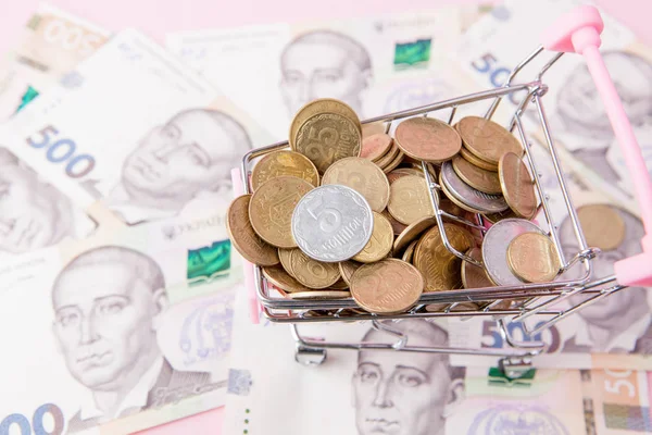 Bitcoin ve alışveriş sepeti hryvnia banknotların arka plan üzerinde paralar.