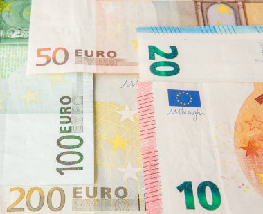 Euro para. Euro nakit arka plan. Euro para banknot. Arka plandan farklı euro banknot yakın çekim.