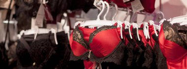 Reklam, satış, moda kavramı - yakın kadar kadının el süpermarkette askı iç çamaşırı seçimi.