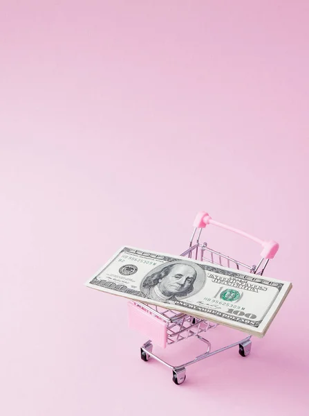 Supermarkt Kar Vol Van Ons Dollar Biljetten Een Roze Achtergrond — Stockfoto