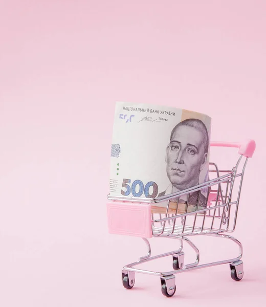 Supermarket Cart Full of UAH banknotes on a pink background with Copy Space. Free trade. money market. Minimalism style. Shop trolley at supermarket. Sale, discount.