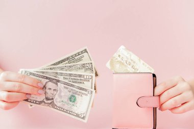 Dolar ve kadının elinde pembe bir arka plan üzerinde kredi kartıyla pembe cüzdan.