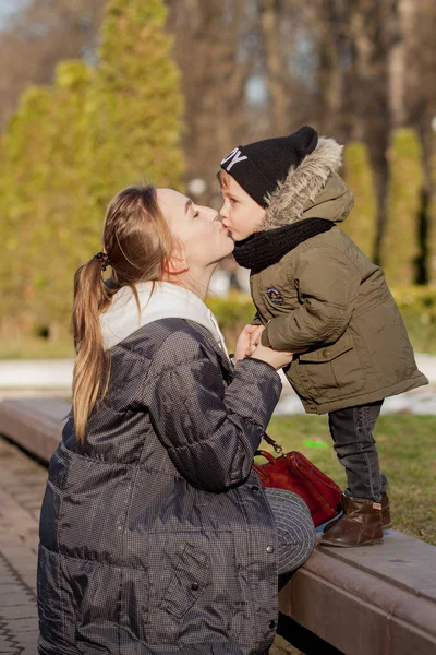 Happy Little Boy Kissing Mother Outdoors Mother Day — Stock Photo, Image