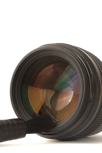 Modern Fényképezőgép Lencse Tisztító Kefével Zár Megjelöl Kilátás — Stock Fotó