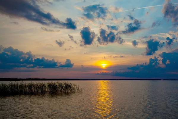 Hermoso Atardecer Verano Lago Svityaz Fondo Puesta Sol — Foto de Stock