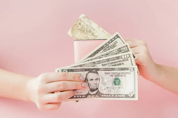 Dollars Pink Wallet Credit Card Woman Hands Pink Background — Stock Photo, Image