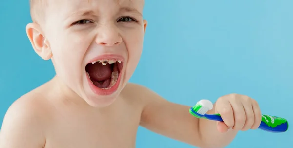 Retrato de niño pequeño con cepillo de dientes sobre fondo azul —  Fotos de Stock