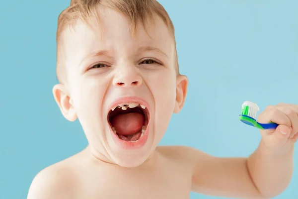 Retrato de niño pequeño con cepillo de dientes sobre fondo azul — Foto de Stock