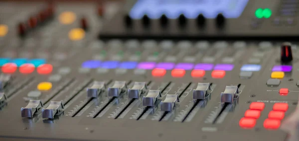 Sound recording studio mixing desk. Music mixer control panel