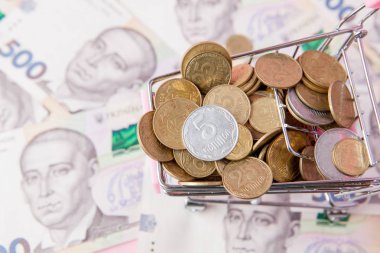Bitcoin ve alışveriş sepeti hryvnia banknotların arka plan üzerinde paralar