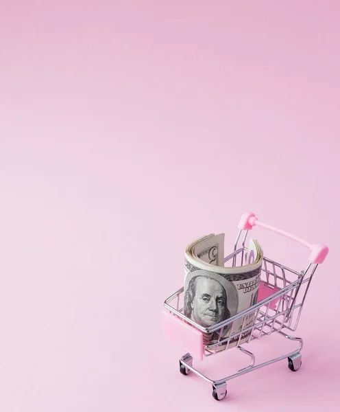 Supermarkt kar vol van ons Dollar biljetten op een roze achtergrond met kopie ruimte. Vrije handel. geldmarkt. Minimalisme stijl. Winkel wagentje in supermarkt. Verkoop, korting — Stockfoto