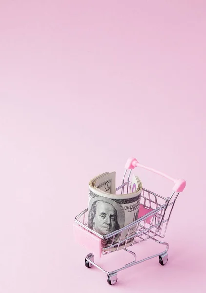 Supermarkt kar vol van ons Dollar biljetten op een roze achtergrond met kopie ruimte. Vrije handel. geldmarkt. Minimalisme stijl. Winkel wagentje in supermarkt. Verkoop, korting — Stockfoto