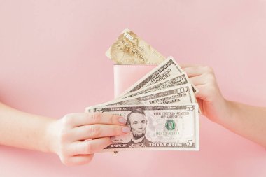 Kiev, Ukrayna - 22 Şubat 2019: Dolar ve kadının elinde pembe bir arka plan üzerinde kredi kartıyla pembe cüzdan