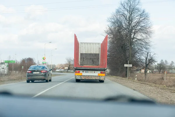 Kyiv, UKRAINE- March 06, 2019:Large truck for transporting wood on the road — Stock Photo, Image