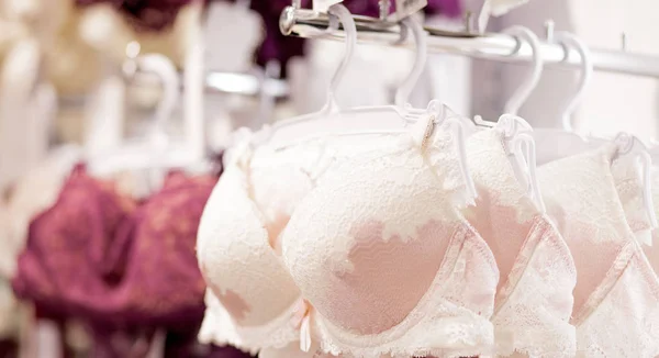 Women's bras for sale in market. Vareity of bra hanging in lingerie underwear store. Advertise, Sale, Fashion concept — Stock Photo, Image