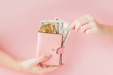 Kiev, Ukrayna - 22 Şubat 2019: Dolar ve kadının elinde pembe bir arka plan üzerinde kredi kartıyla pembe cüzdan