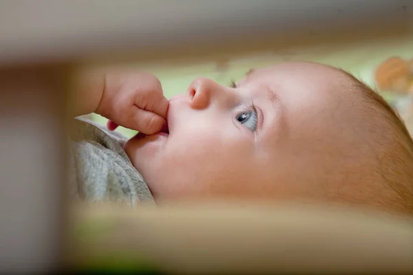 Il bambino dorme riposato. Neonato in una culla di legno. Il bambino dorme nella culla del comodino. Vivere insieme in sicurezza in una culla. Il bambino si appisolò sotto una coperta lavorata a maglia — Foto Stock