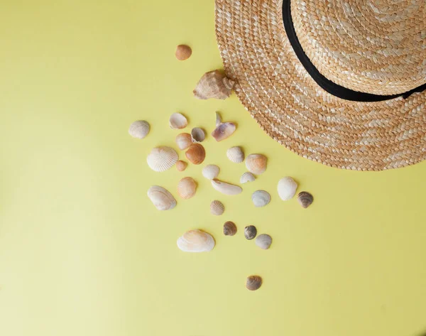 Fondo de vacaciones de verano. Concepto de verano tropical con accesorios de moda para mujer, hojas y conchas marinas sobre fondo amarillo. Piso tendido, vista superior — Foto de Stock