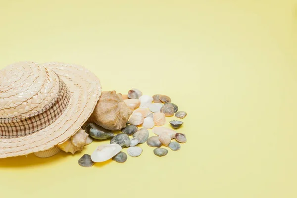 Sfondo vacanza estiva. Concetto estivo tropicale con accessori moda donna, foglie e conchiglie su sfondo giallo. Posa piatta, vista dall'alto — Foto Stock