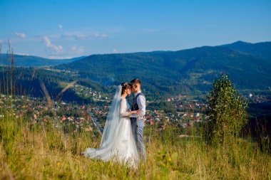 Yeni evliler gülümseme ve diğer her dağın zirvesinde çayır arasında sarıl. Düğün yürüyüş dağlar, nazik duygular çift, Sevgililer günü için fotoğraf ormanda