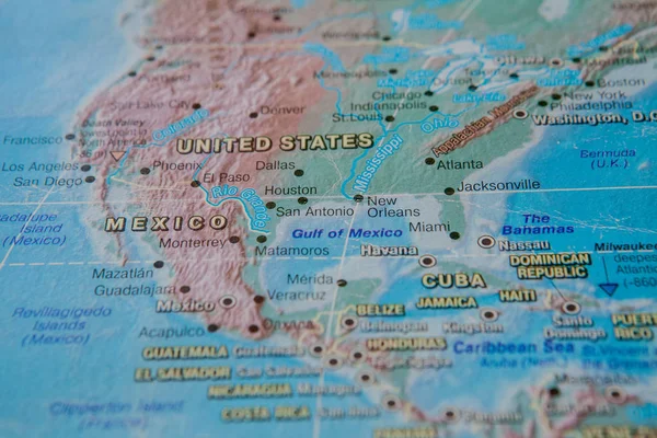 Mexico in close up on the map. Focus on the name of country. Vignetting effect