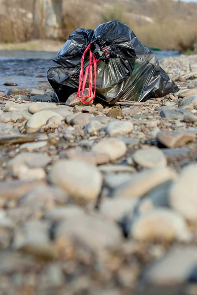 Ρύπανση ποταμών κοντά στην ακτή, σκουπίδια κοντά στον ποταμό, πλαστικά απορρίμματα τροφίμων, συμβάλλοντας στη ρύπανση — Φωτογραφία Αρχείου