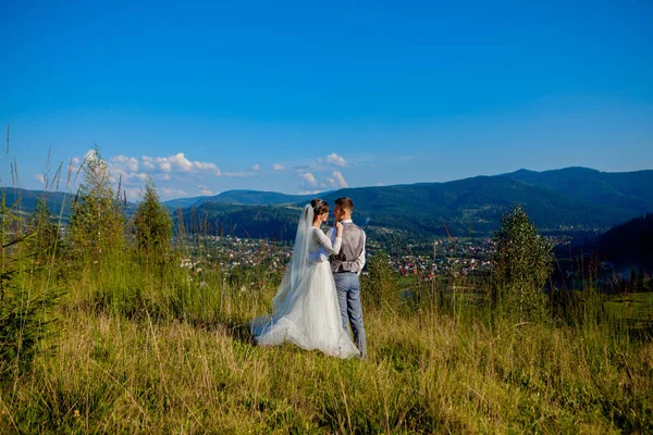 Recém-casados sorrir e abraçar uns aos outros entre o prado no topo do th — Fotografia de Stock