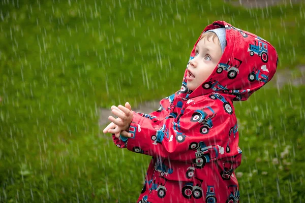 Little boy in a waterproof jacket in tractors catch the rain. Child having fun outdoors in summer shower