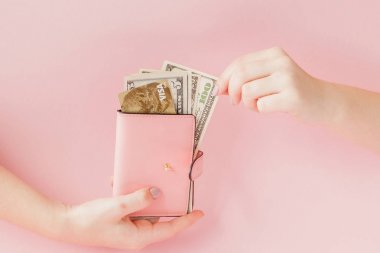 Kiev, Ukrayna - 22 Şubat 2019: Dolar ve kadının elinde pembe bir arka plan üzerinde kredi kartıyla pembe cüzdan