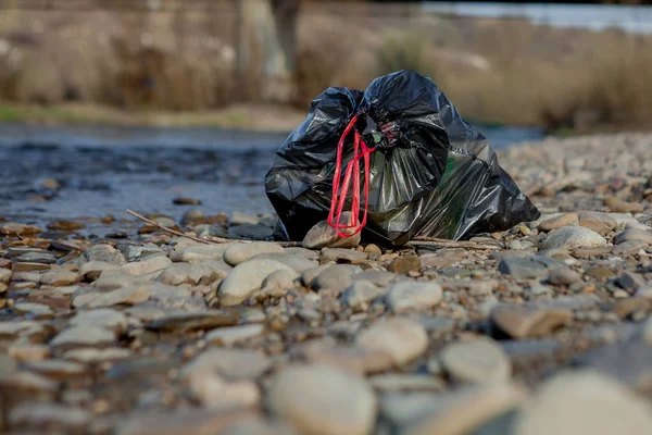 Ρύπανση ποταμών κοντά στην ακτή, σκουπίδια κοντά στον ποταμό, πλαστικά απορρίμματα τροφίμων, συμβάλλοντας στη ρύπανση — Φωτογραφία Αρχείου