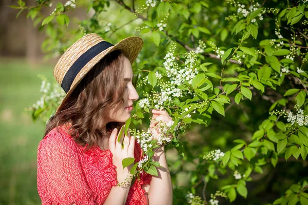 Mladá dívka smrká nosem a kýchá v tkáni před kvetoucím stromem. Sezónní alergeny postihující lidi. Krásná dáma má rinitidu. — Stock fotografie