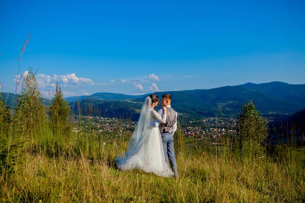 Noii căsătoriți zâmbesc și se îmbrățișează între pajiști pe vârful muntelui. Plimbare de nuntă în pădurea din munți, emoțiile blânde ale cuplului, fotografie de Ziua Îndrăgostiților — Fotografie, imagine de stoc