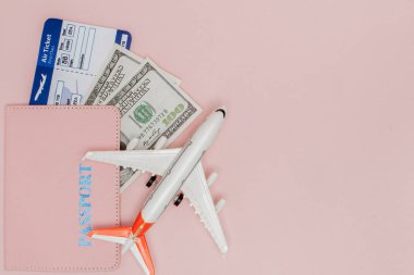 Pembe arka planda pasaport, dolar, uçak ve uçak bileti. Tr